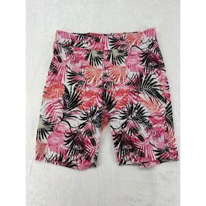 N Touch Bermuda Shorts Womens 10 Shorts Pink Tropical Palm Leaf Print Stretch
